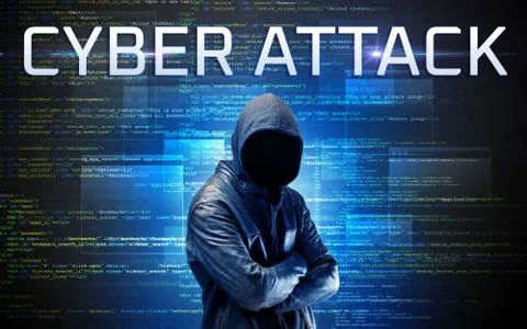 Faceless hacker on code background Stockfoto's