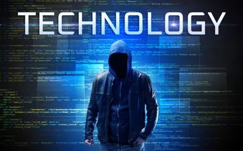 Faceless hacker on code background Stockfoto's