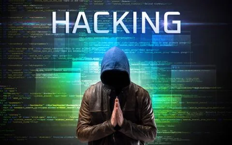 Faceless hacker on code background Foto stock