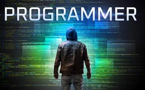 Faceless hacker on code background Stock Photos