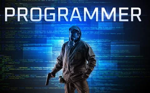 Faceless hacker on code background Stock Photos