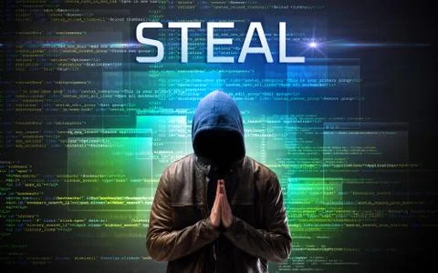 Faceless hacker on code background Stockfoto's