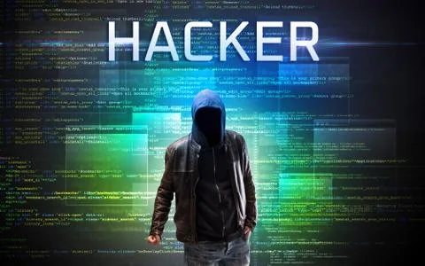Faceless hacker on code background 스톡 사진