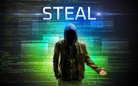 Faceless hacker on code background Foto stock