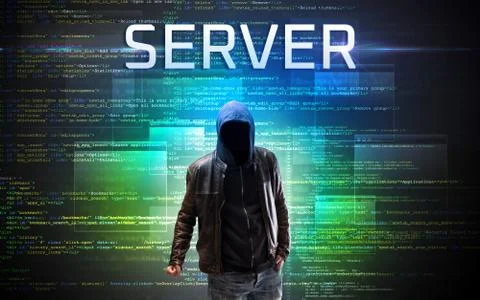 Faceless hacker on code background Foto stock