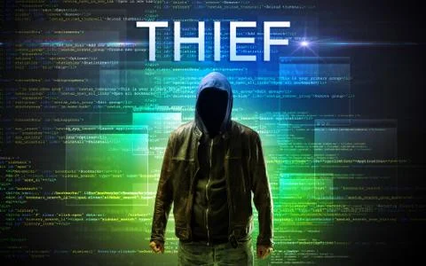 Faceless hacker on code background Foto stock