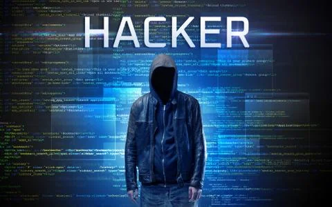 Faceless hacker on code background 스톡 사진