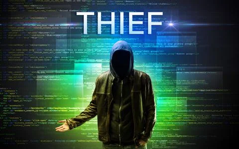 Faceless hacker on code background Foto stock