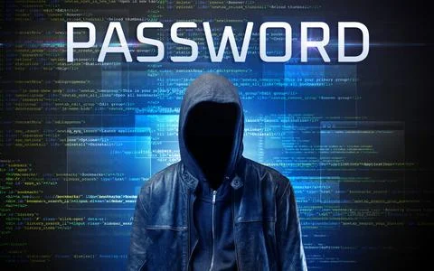 Faceless hacker on code background Foto stock