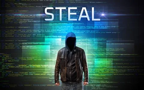 Faceless hacker on code background Foto stock