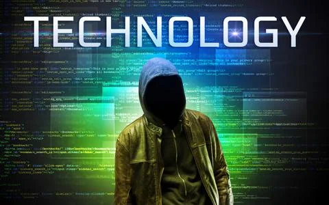 Faceless hacker on code background 스톡 사진