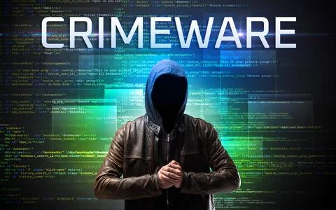 Faceless hacker on code background Stockfoto's