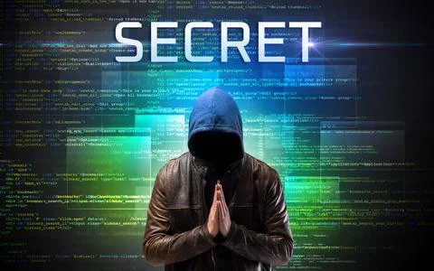 Faceless hacker on code background Foto stock