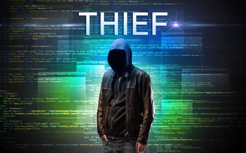 Faceless hacker on code background 스톡 사진
