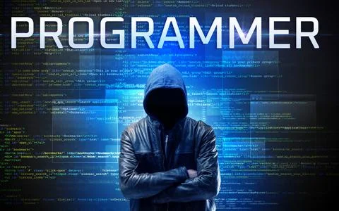 Faceless hacker on code background Foto stock