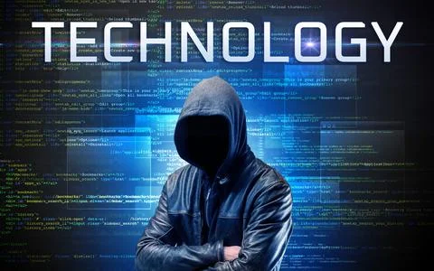 Faceless hacker on code background Stock Photos
