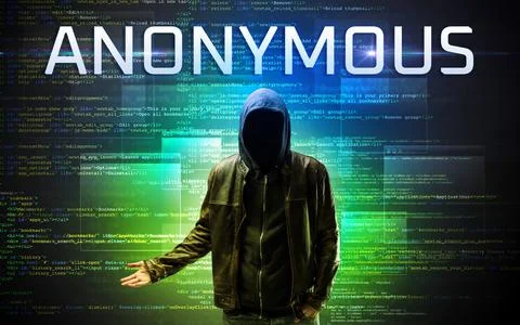 Faceless hacker on code background Foto stock