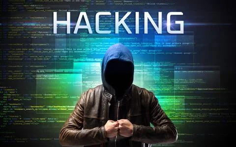 Faceless hacker on code background Stock Photos