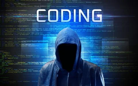 Faceless hacker on code background Foto stock