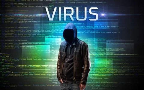 Faceless hacker on code background Foto stock
