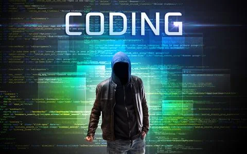 Faceless hacker on code background 스톡 사진
