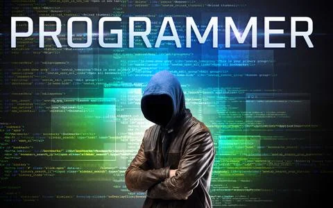 Faceless hacker on code background Foto stock
