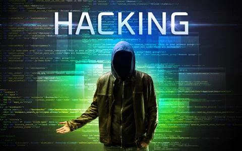 Faceless hacker on code background Foto stock