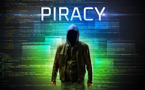 Faceless hacker on code background Stockfoto's