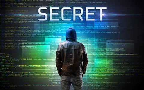 Faceless hacker on code background Foto stock