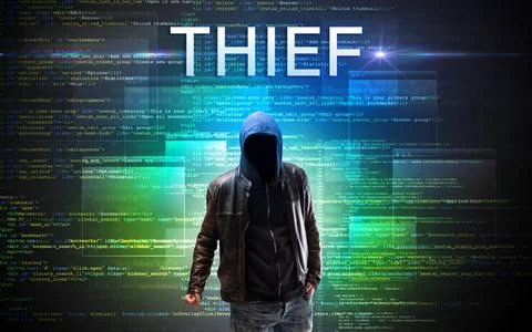 Faceless hacker on code background Stockfoto's