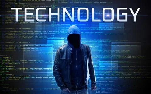Faceless hacker on code background Stock Photos