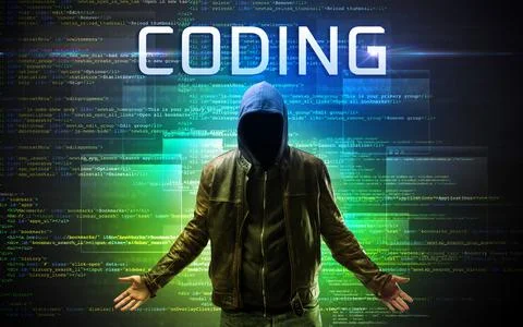 Faceless hacker on code background Foto stock