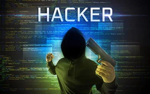 Faceless hacker on code background Foto stock