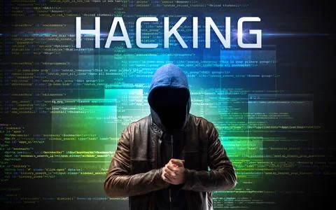 Faceless hacker on code background Foto stock