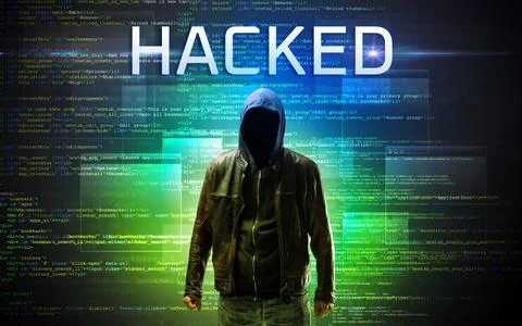 Faceless hacker on code background Stockfoto's