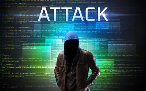 Faceless hacker on code background 스톡 사진