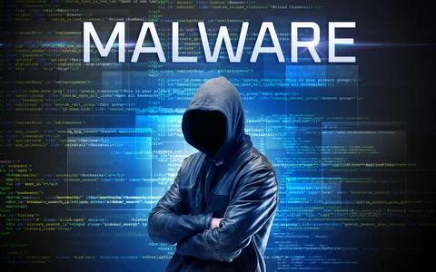 Faceless hacker on code background Foto stock