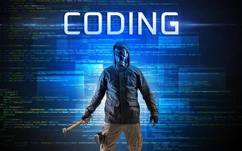 Faceless hacker on code background 스톡 사진