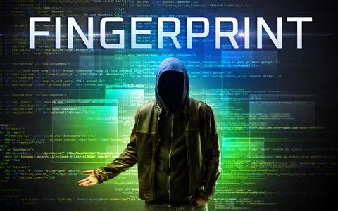 Faceless hacker on code background Stockfoto's