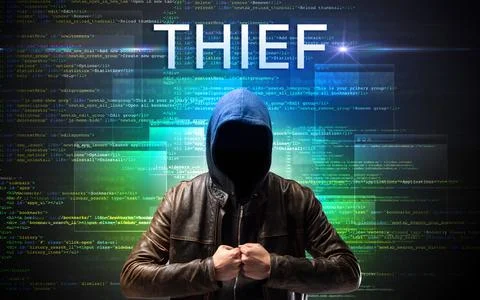 Faceless hacker on code background 스톡 사진