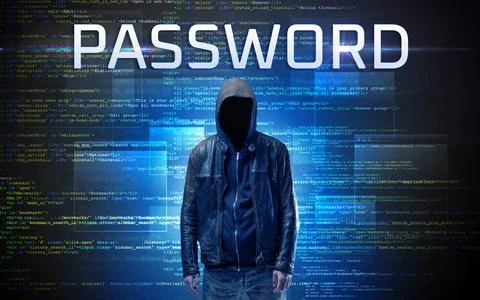 Faceless hacker on code background 스톡 사진