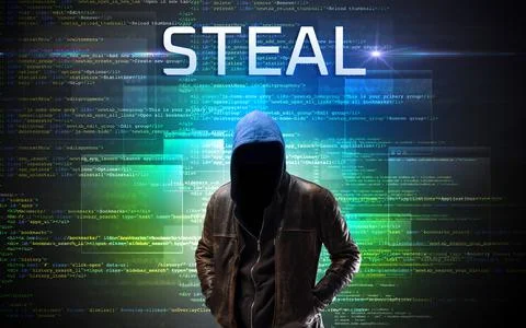 Faceless hacker on code background Foto stock