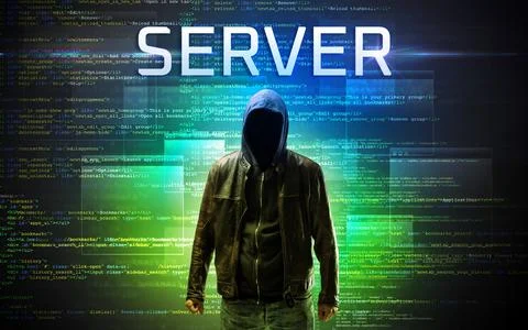 Faceless hacker on code background 스톡 사진