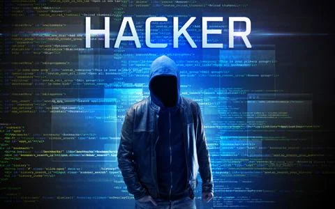 Faceless hacker on code background Stock Photos