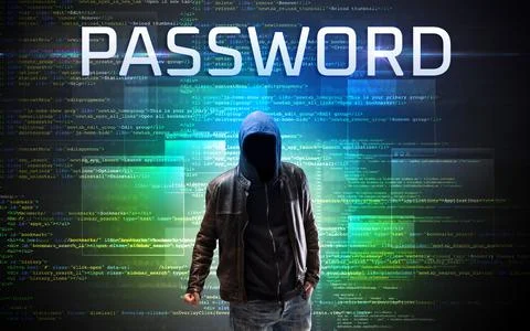 Faceless hacker on code background Foto stock