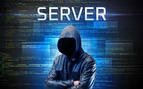 Faceless hacker on code background Foto stock