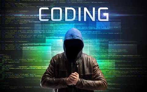 Faceless hacker on code background 스톡 사진