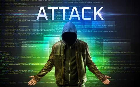 Faceless hacker on code background Foto stock