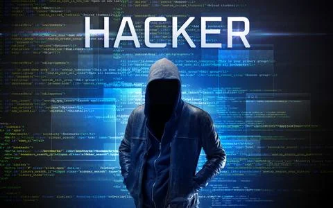 Faceless hacker on code background Stockfoto's