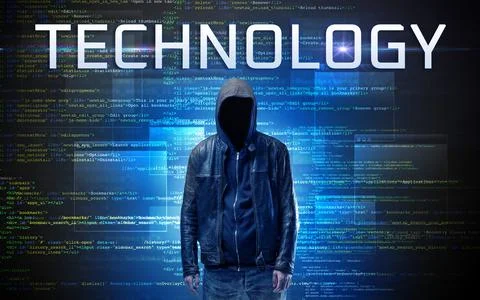 Faceless hacker on code background Stock Photos